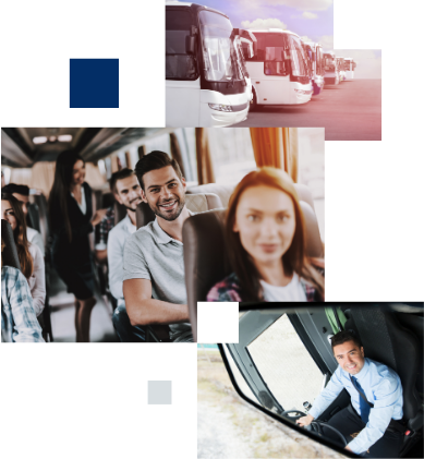 A collage of images, including a lineup of charter buses, happy passengers on a motorcoach, and a professional driver smiling while looking into a rearview mirror